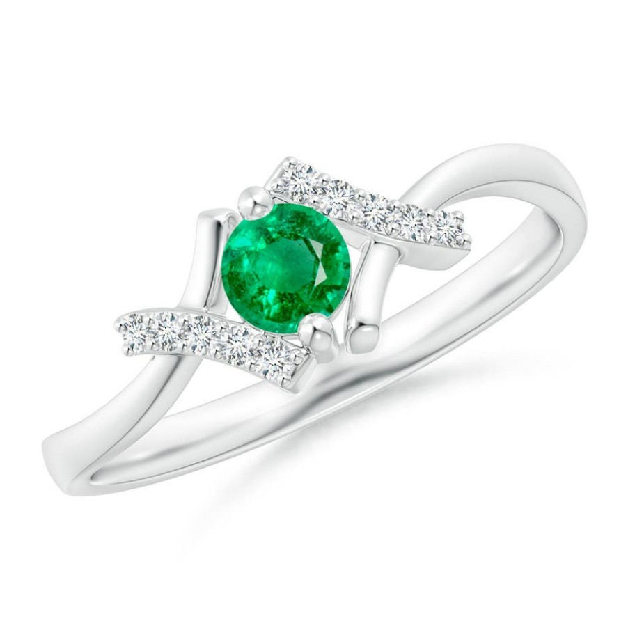 Rings Angara Emerald | Solitaire Emerald Bypass Promise Ring With Diamond Accents