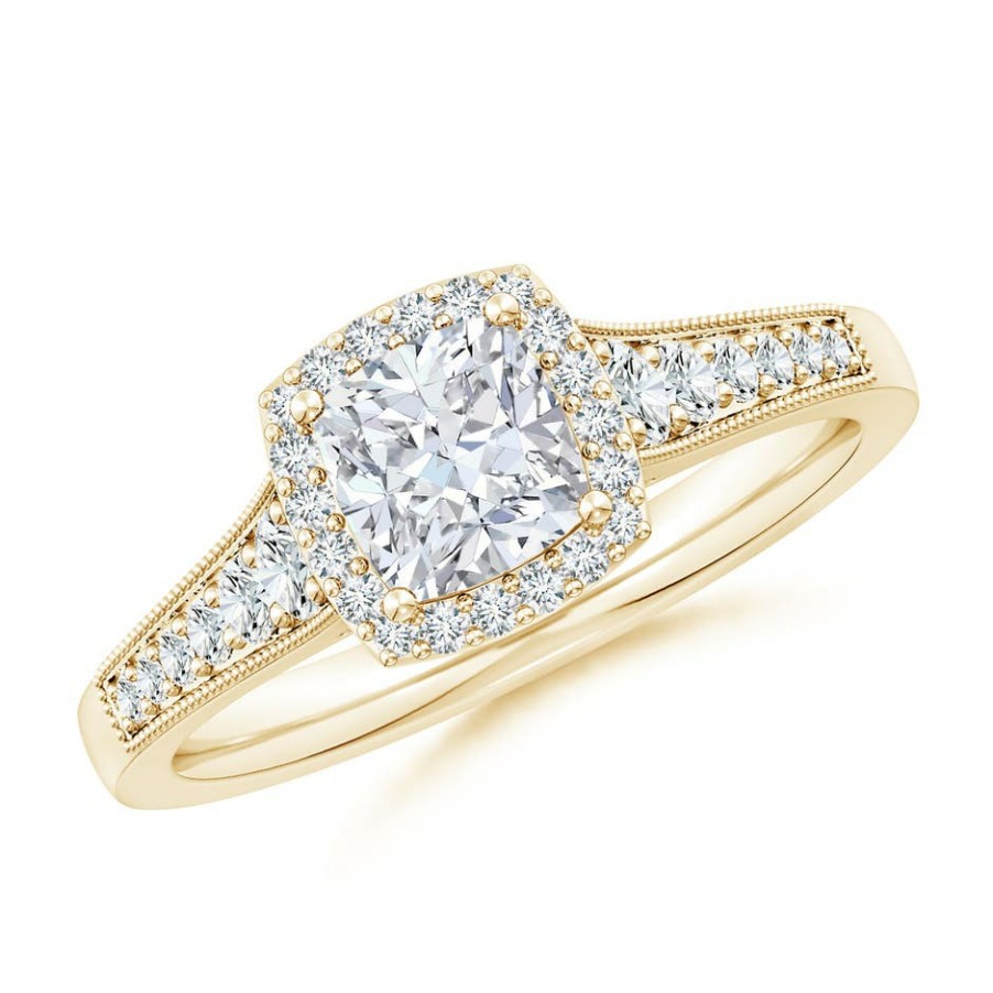 Rings Angara Diamond | Lab-Grown Cushion Diamond Halo Engagement Ring With Milgrain