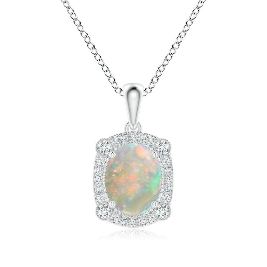 Necklaces Angara Opal | Vintage Style Opal Pendant With Bezel-Set Diamonds