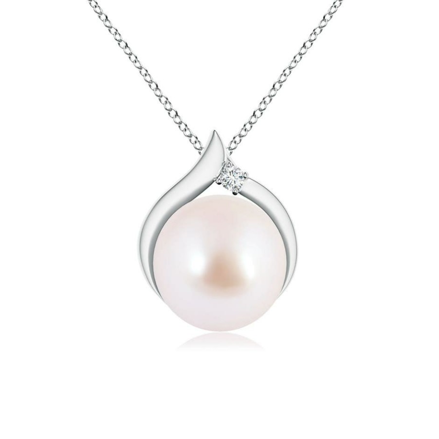 Necklaces Angara Akoya Pearl | Japanese Akoya Pearl Solitaire Pendant With Diamond