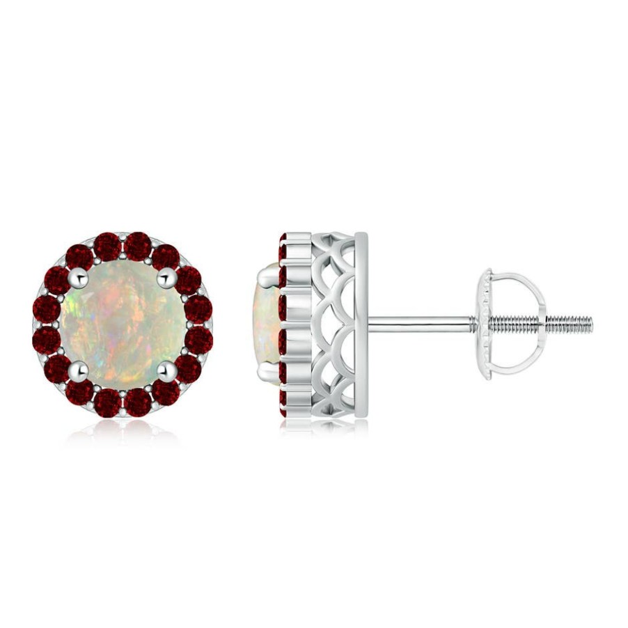 Earrings Angara Opal | Round Opal And Ruby Halo Stud Earrings