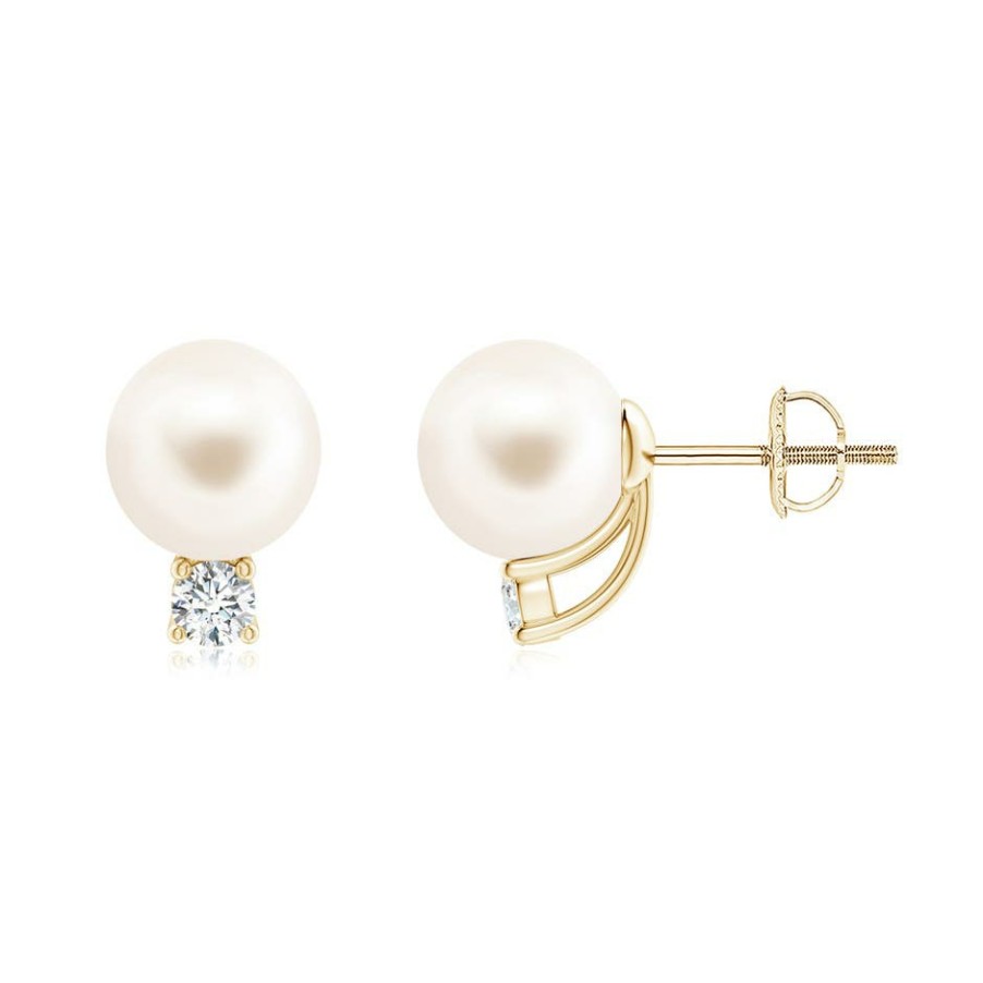 Earrings Angara Freshwater Pearl | Solitaire Freshwater Pearl Studs With Diamond