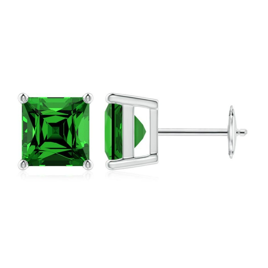 Earrings Angara Emerald | Lab-Grown Classic Basket-Set Square Emerald Stud Earrings