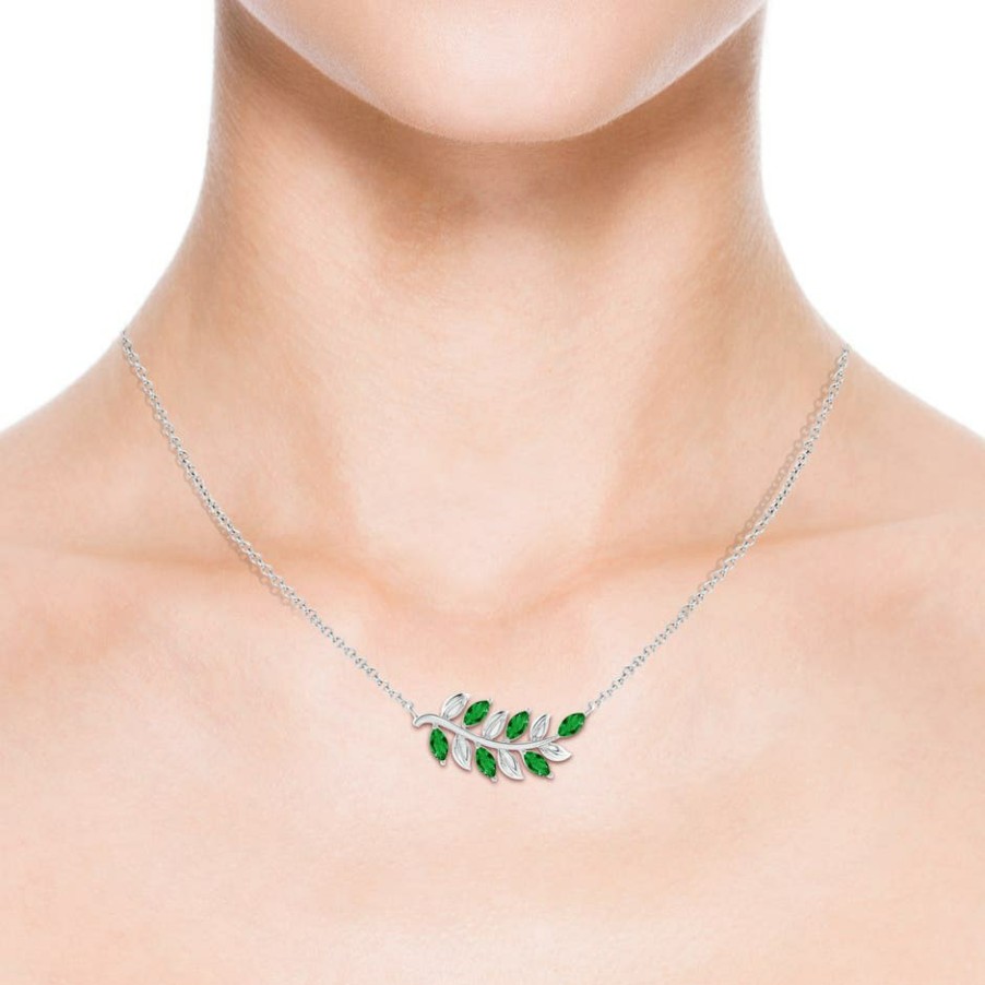 Necklaces Angara Emerald | Marquise Emerald Olive Branch Pendant