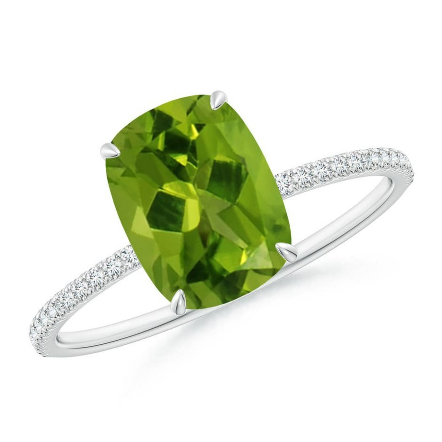 Rings Angara Peridot | Thin Shank Cushion Cut Peridot Ring With Diamond Accents