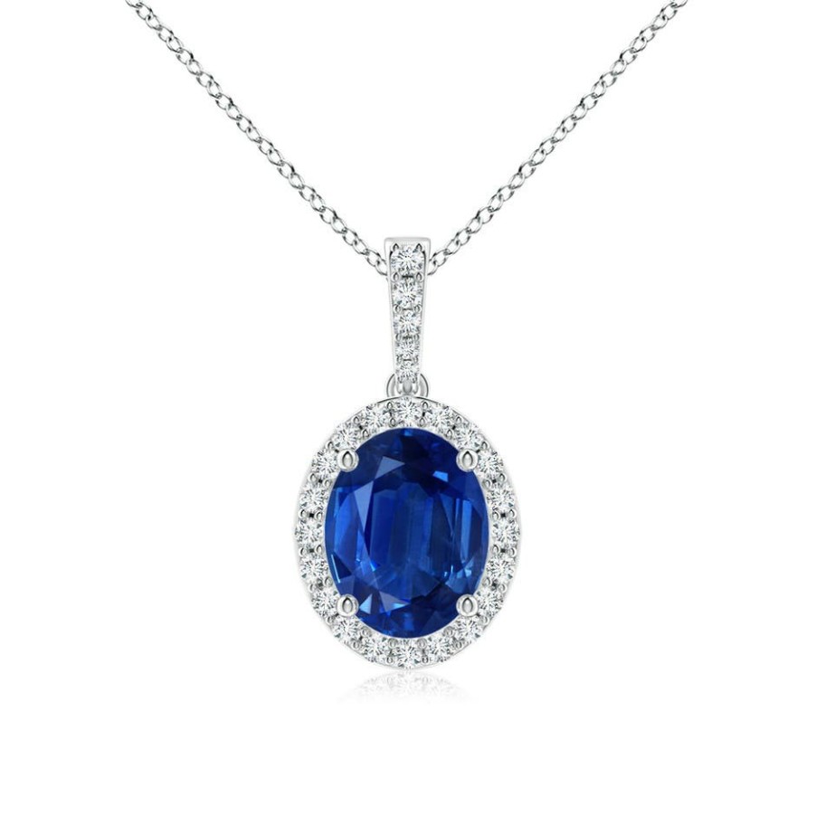 Necklaces Angara Blue Sapphire | Vintage Style Oval Sapphire Halo Pendant