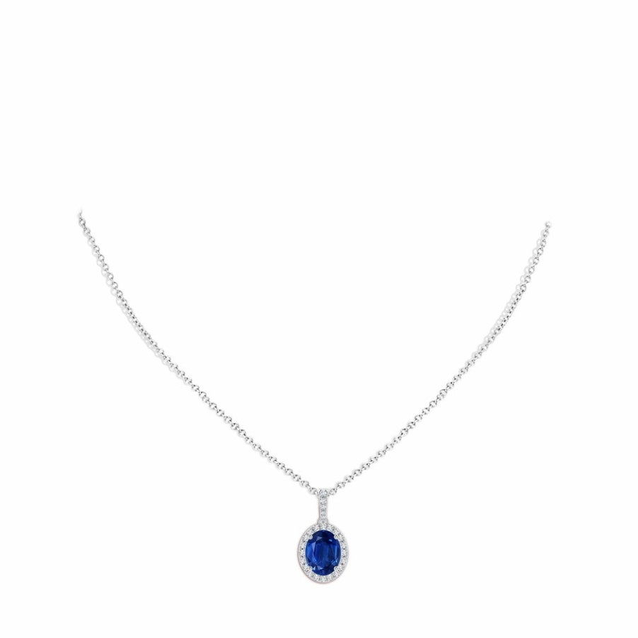 Necklaces Angara Blue Sapphire | Vintage Style Oval Sapphire Halo Pendant