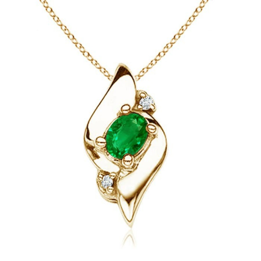 Necklaces Angara Emerald | Shell Style Oval Emerald And Diamond Pendant