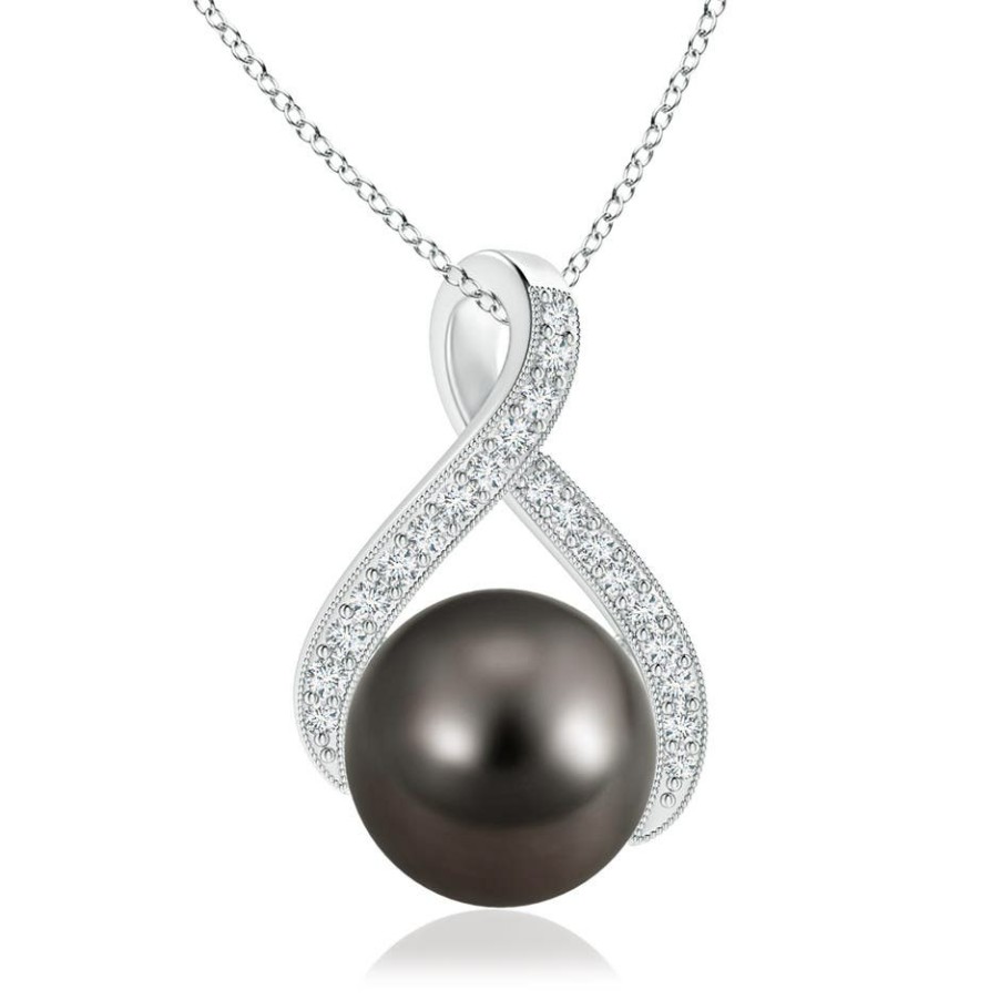 Necklaces Angara Tahitian Pearl | Tahitian Pearl Swirl Ribbon Pendant With Diamonds