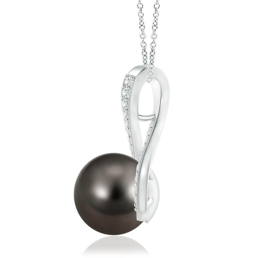 Necklaces Angara Tahitian Pearl | Tahitian Pearl Swirl Ribbon Pendant With Diamonds