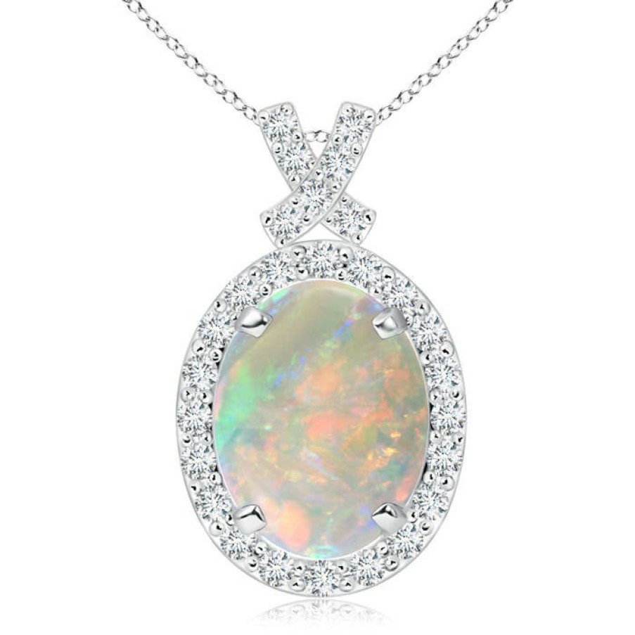 Necklaces Angara Opal | Vintage Style Opal Pendant With Diamond Halo