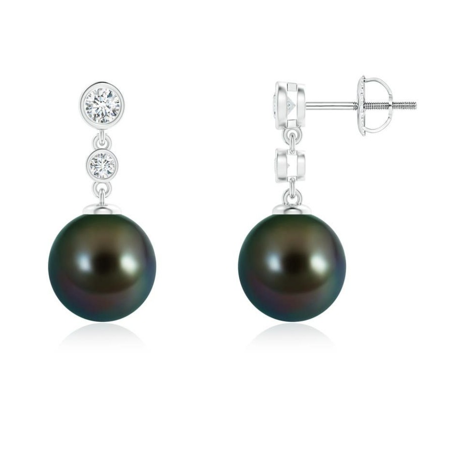 Earrings Angara Tahitian Pearl | Tahitian Pearl Drop Earrings With Bezel Diamonds