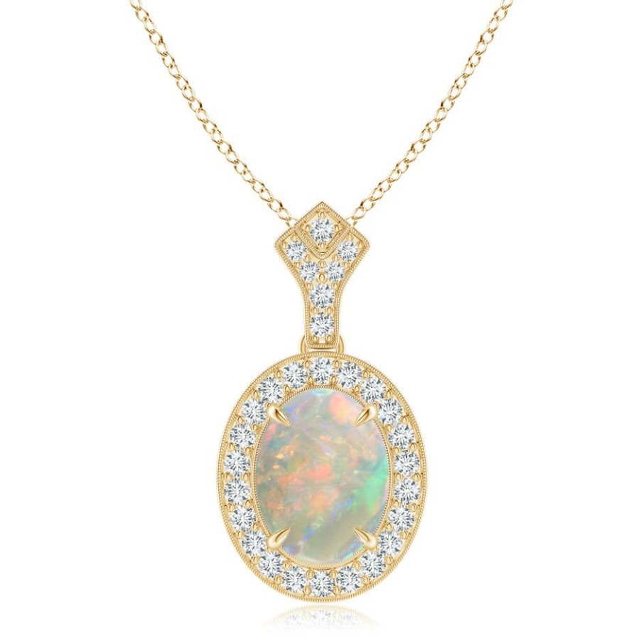 Necklaces Angara Opal | Milgrain-Edged Oval Opal And Diamond Halo Pendant