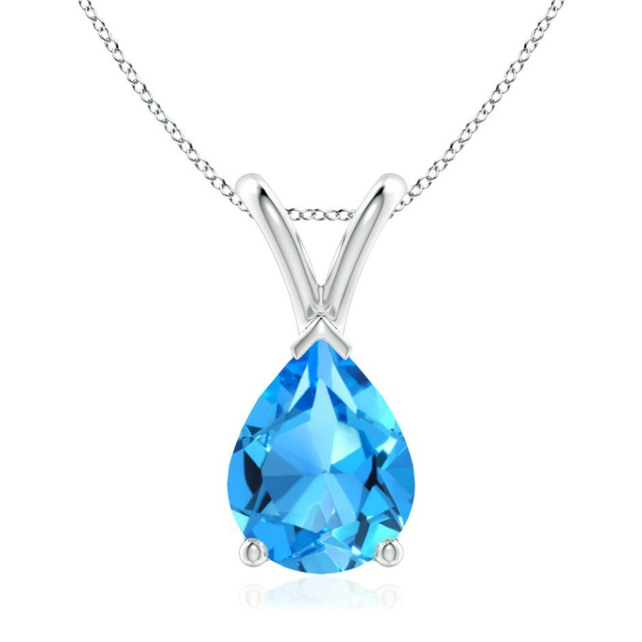 Necklaces Angara Swiss Blue Topaz | V-Bale Pear-Shaped Swiss Blue Topaz Solitaire Pendant