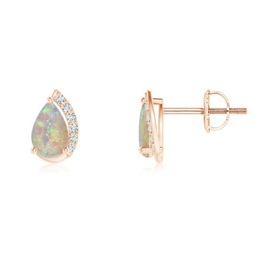 Earrings Angara Opal | Solitaire Pear Opal Swirl Stud Earrings With Diamond Accents