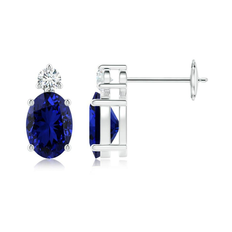 Earrings Angara Blue Sapphire | Lab-Grown Basket-Set Oval Blue Sapphire Stud Earrings With Lab Diamond