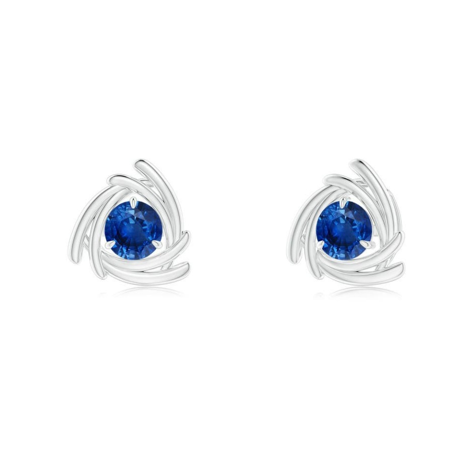 Earrings Angara Blue Sapphire | Round Sapphire Trillion Wrap Studs