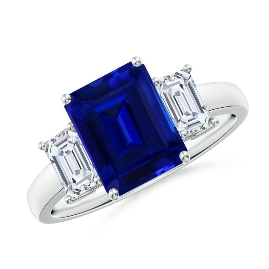 Rings Angara Blue Sapphire | Lab-Grown Emerald-Cut Blue Sapphire And Lab Diamond Three Stone Ring