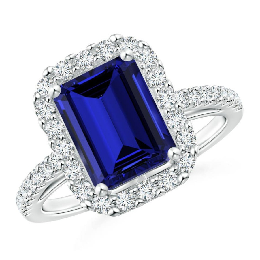 Rings Angara Blue Sapphire | Lab-Grown Emerald-Cut Blue Sapphire Halo Ring