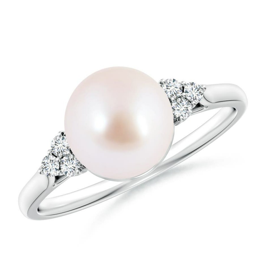 Rings Angara Akoya Pearl | Japanese Akoya Pearl Ring With Trio Diamonds