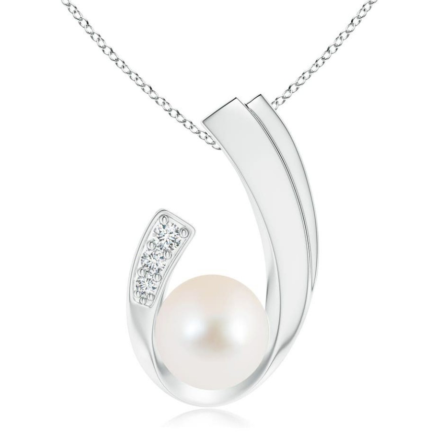 Necklaces Angara Freshwater Pearl | Freshwater Pearl J-Shaped Pendant With Diamond