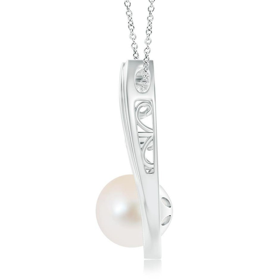 Necklaces Angara Freshwater Pearl | Freshwater Pearl J-Shaped Pendant With Diamond