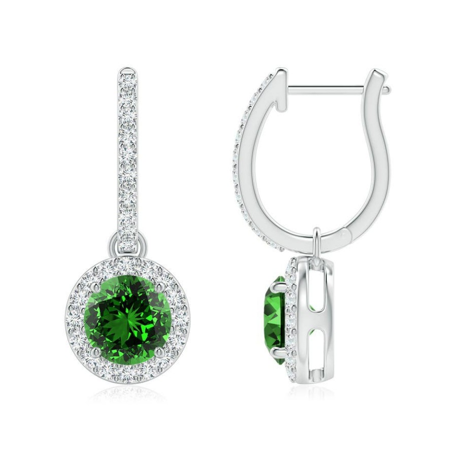 Earrings Angara Emerald | Lab-Grown Round Emerald Dangle Earrings With Lab Diamond Halo