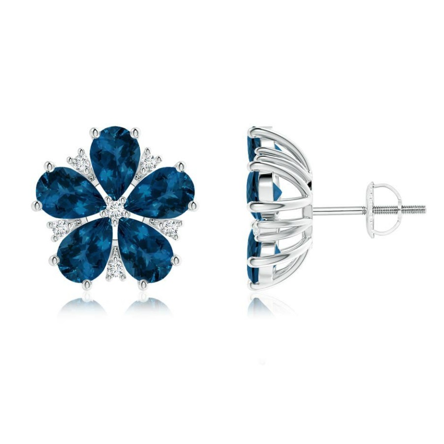 Earrings Angara London Blue Topaz | Pear-Shaped London Blue Topaz And Diamond Stud Earrings