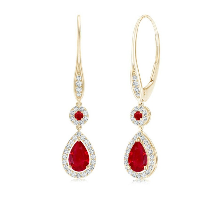 Earrings Angara Ruby | Round And Pear Ruby Halo Leverback Earrings