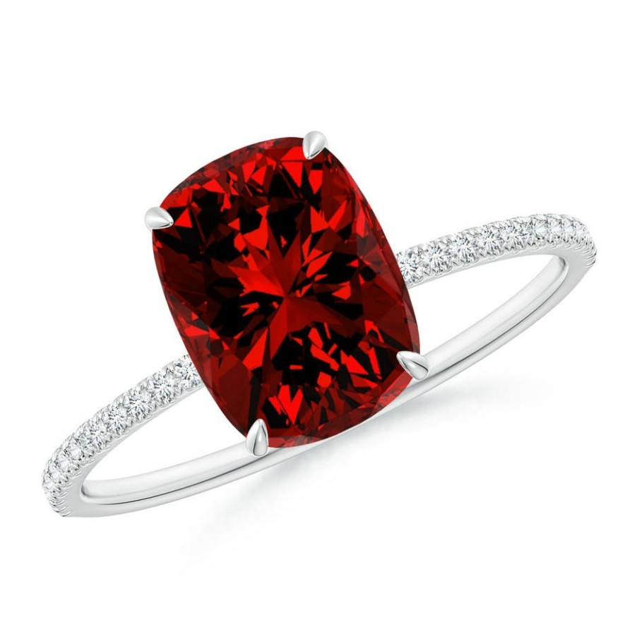 Rings Angara Ruby | Lab-Grown Thin Shank Cushion Ruby Ring With Lab Diamond Accents