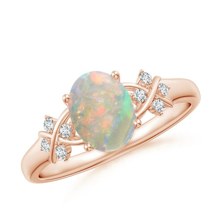 Rings Angara Opal | Solitaire Oval Opal Criss Cross Ring With Diamonds