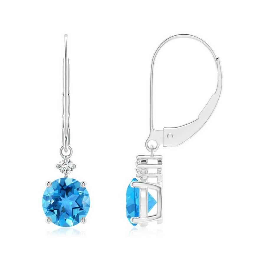 Earrings Angara Swiss Blue Topaz | Solitaire Swiss Blue Topaz Dangle Earrings With Diamond