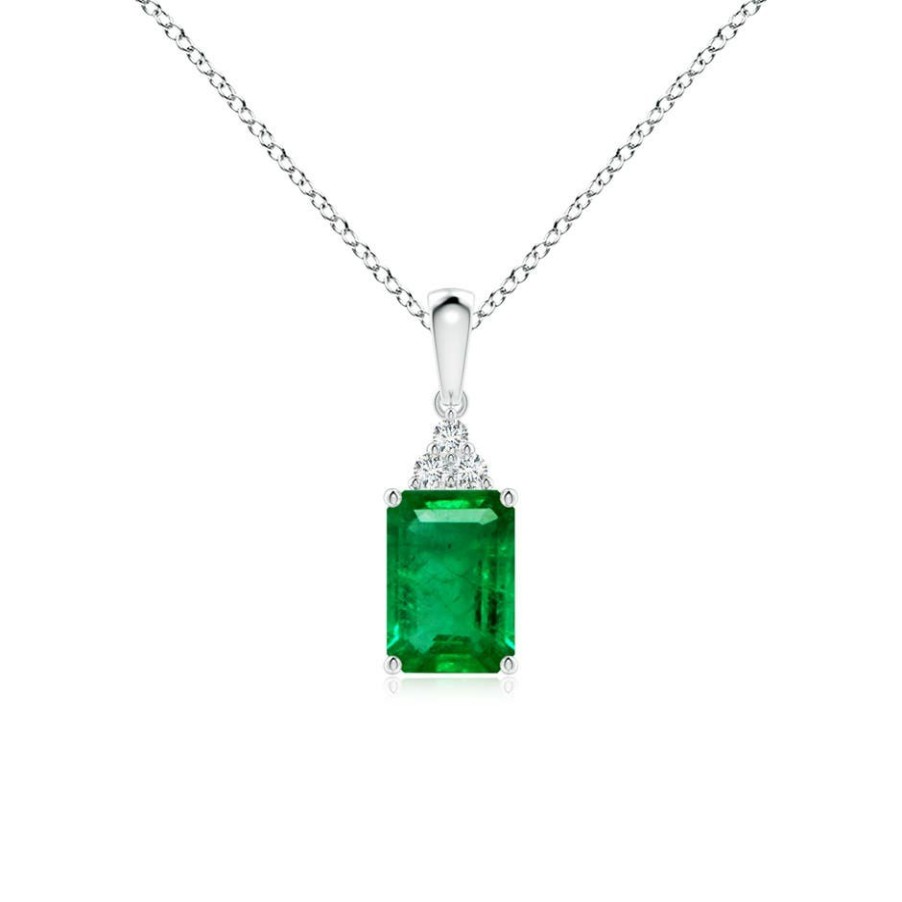 Necklaces Angara Emerald | Emerald-Cut Emerald Pendant With Diamond Trio