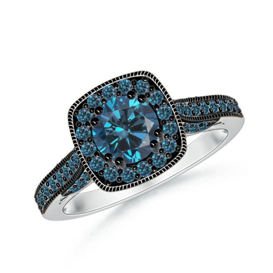 Rings Angara Enhanced Blue | Round Blue Diamond Cushion Halo Ring With Milgrain