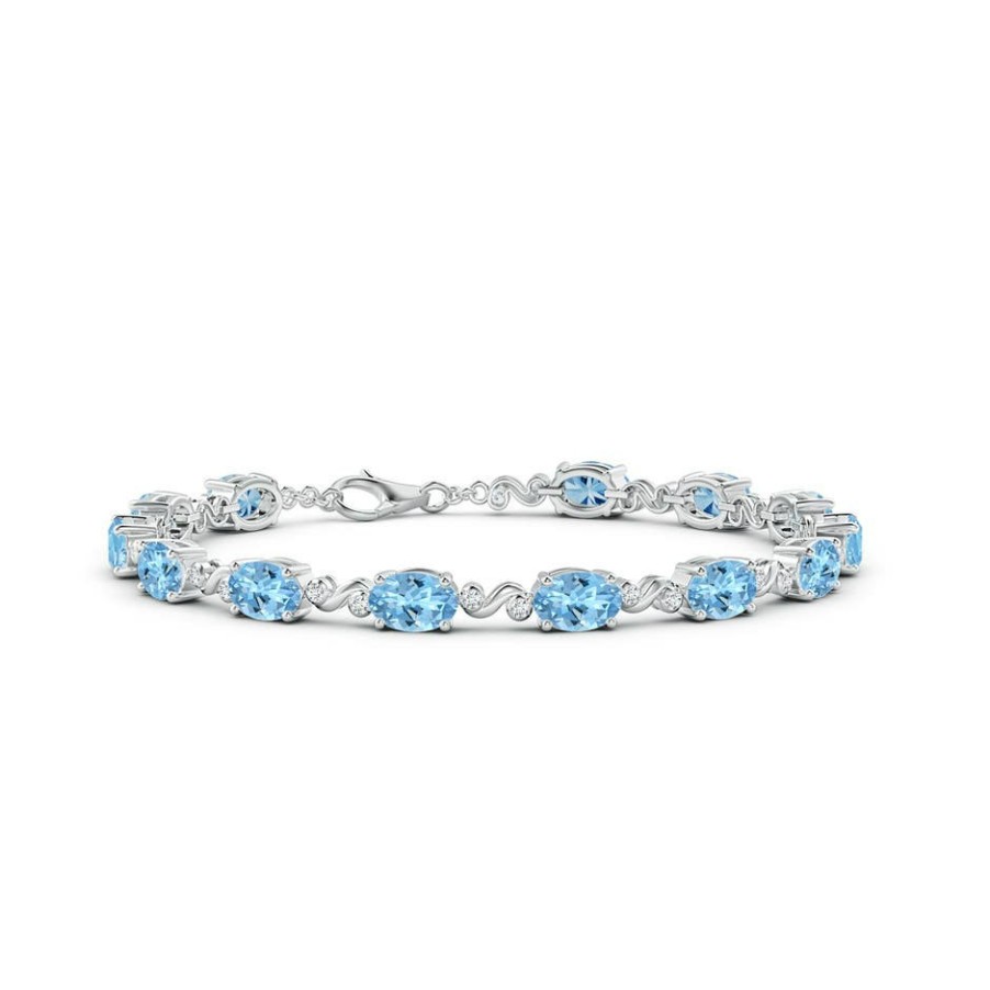 Bracelets Angara Aquamarine | Oval Aquamarine Swirl Bracelet With Bezel Diamonds