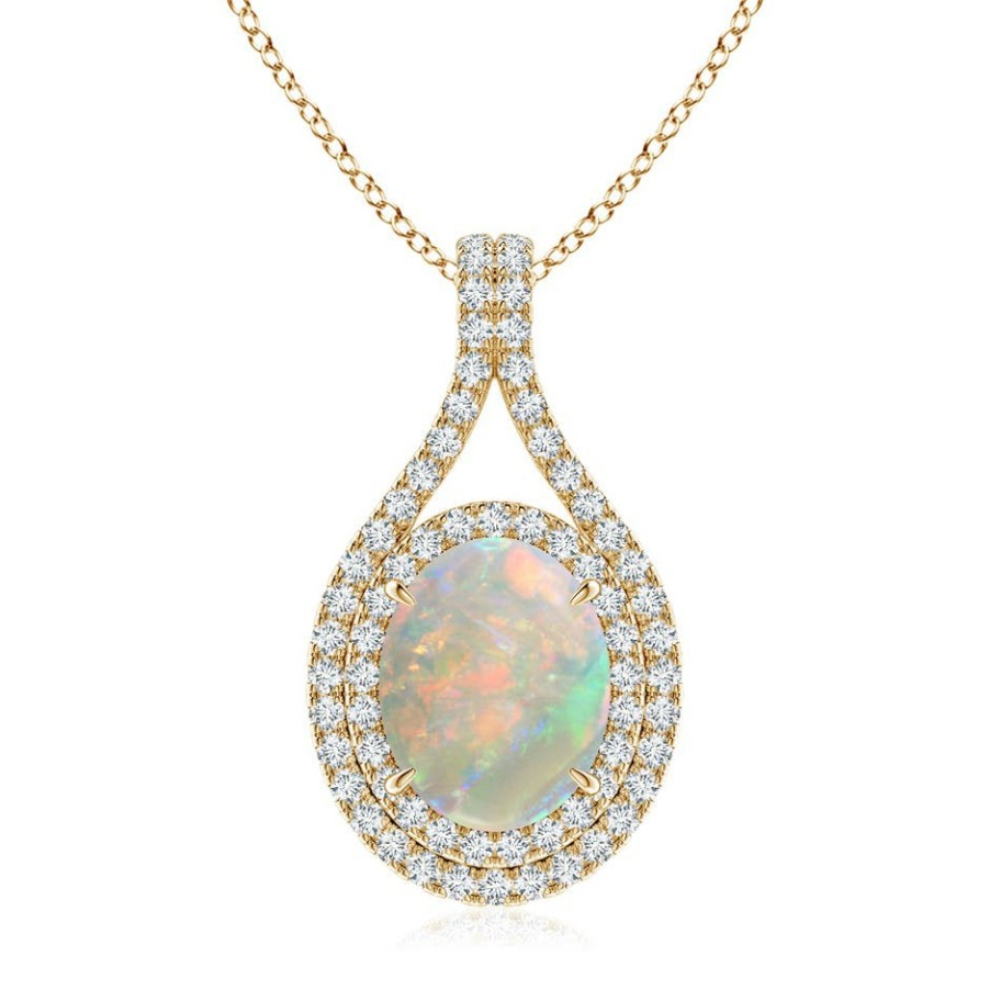 Necklaces Angara Opal | Oval Opal Double Halo Loop Pendant