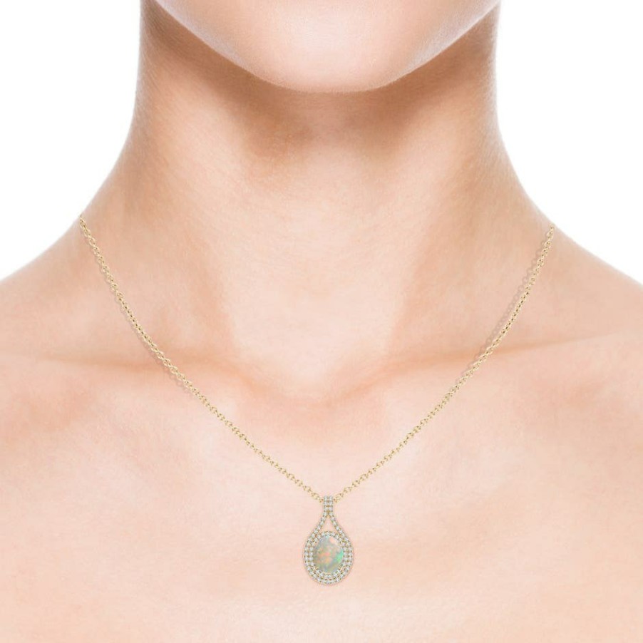 Necklaces Angara Opal | Oval Opal Double Halo Loop Pendant