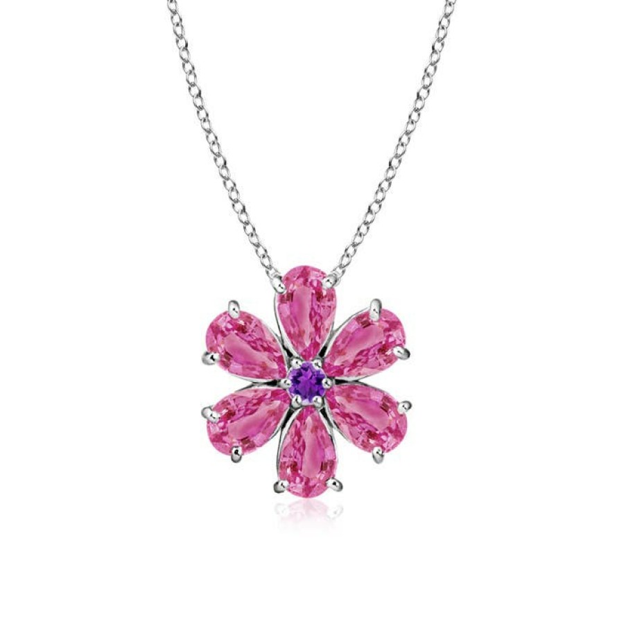 Necklaces Angara Pink Sapphire | Pink Sapphire Flower Cluster Pendant With Amethyst