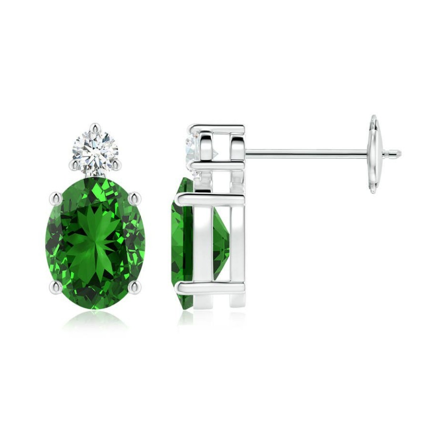 Earrings Angara Emerald | Lab-Grown Basket-Set Oval Emerald Stud Earrings With Diamond