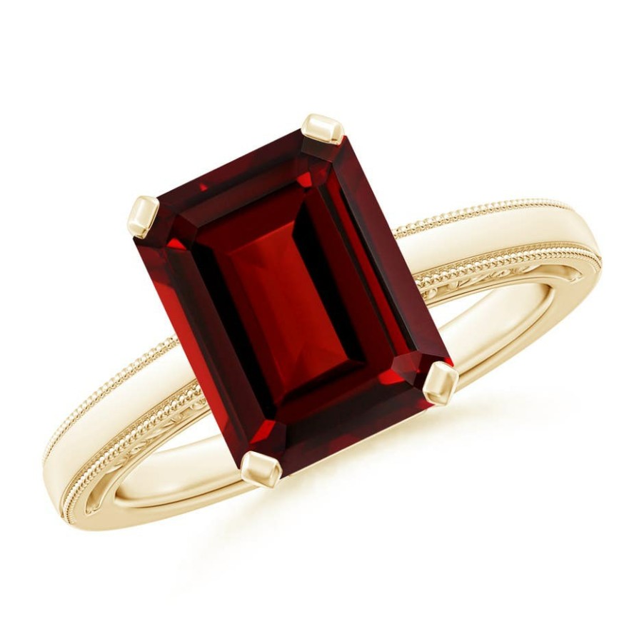 Rings Angara Garnet | Emerald Cut Garnet Solitaire Ring With Milgrain