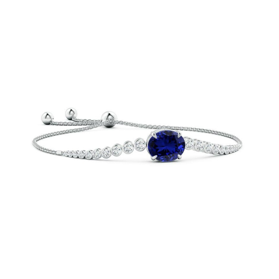 Bracelets Angara Blue Sapphire | Lab-Grown Oval Sapphire Bolo Bracelet With Bezel Diamonds