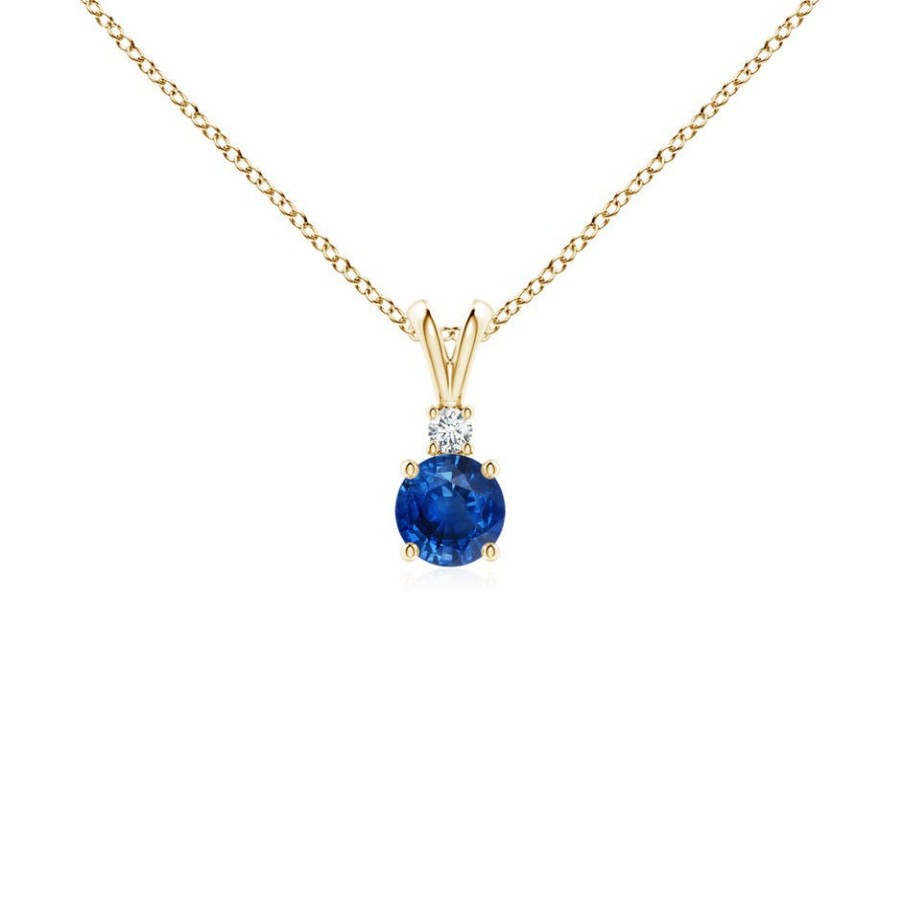 Necklaces Angara Blue Sapphire | Round Blue Sapphire Solitaire V-Bale Pendant With Diamond