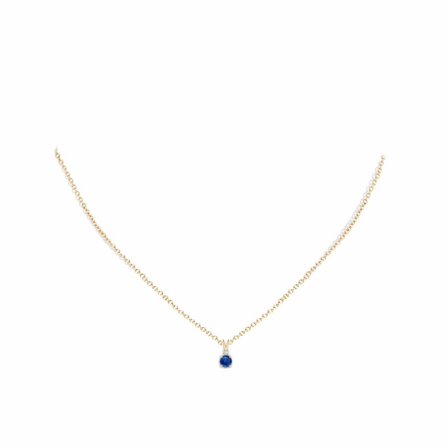 Necklaces Angara Blue Sapphire | Round Blue Sapphire Solitaire V-Bale Pendant With Diamond