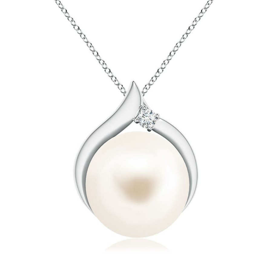 Necklaces Angara Freshwater Pearl | Freshwater Pearl Solitaire Pendant With Diamond