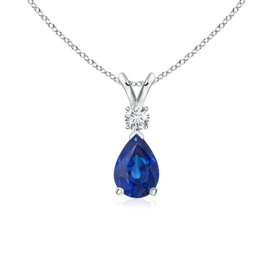 Necklaces Angara Blue Sapphire | Blue Sapphire Teardrop Pendant With Diamond