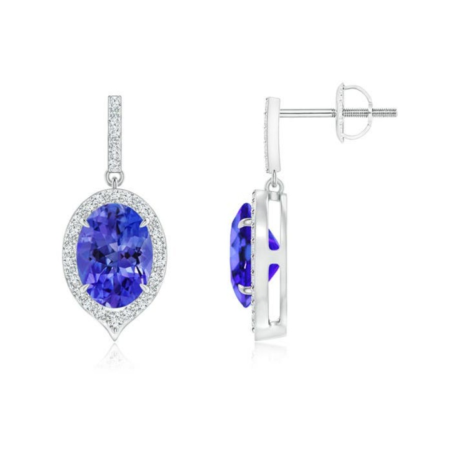 Earrings Angara Tanzanite | Claw-Set Oval Tanzanite And Diamond Halo Earrings