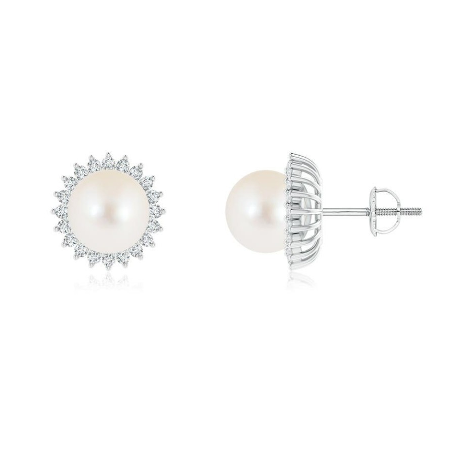 Earrings Angara Freshwater Pearl | Freshwater Pearl And Diamond Flower Halo Studs