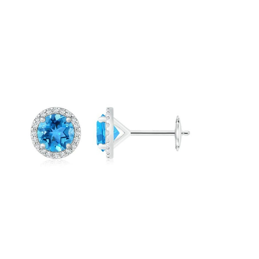 Earrings Angara Swiss Blue Topaz | Classic Swiss Blue Topaz And Diamond Halo Stud Earrings