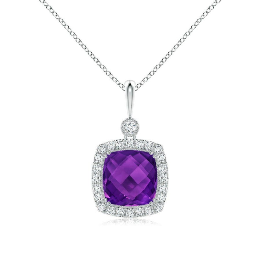 Necklaces Angara Amethyst | Double Prong-Set Cushion Amethyst Halo Pendant