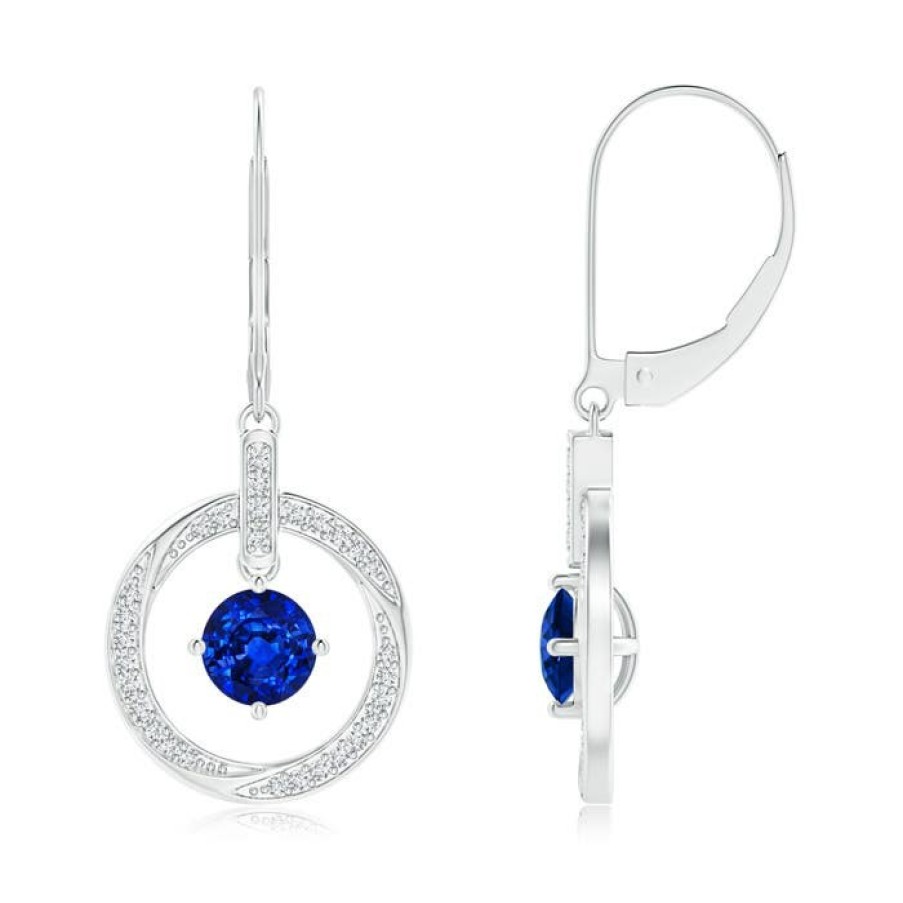 Earrings Angara Blue Sapphire | Sapphire Open Circle Drop Earrings With Diamond Accents